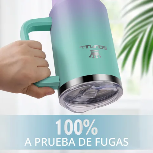 Miniatura 3 de Vaso de 40 onzas con asa y tapa con popote, taza de café de viaje 100% a prueba de fugas, taza aislada de acero inoxidable para bebidas frías