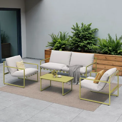 Grand patio Juego de muebles de exterior de 4 piezas, muebles modernos de patio con cojines suaves, pequeño sofá de metal con mesa de café, juego de