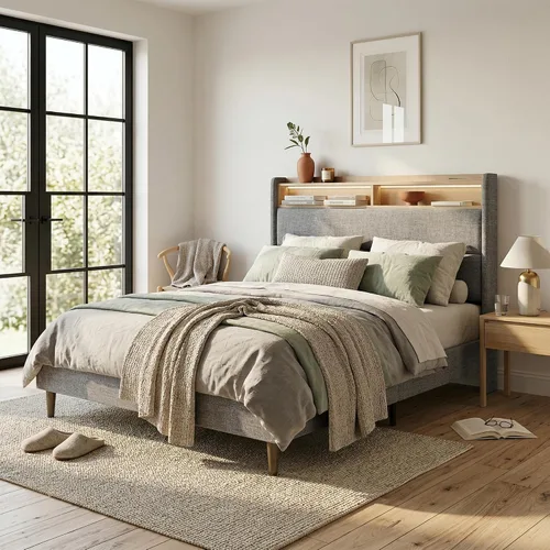 Miniatura 9 de Base de cama matrimonial con cabecera de almacenamiento con respaldo alado de 51.8 pulgadas, plataforma tapizada gris con estación de carga (tipo C)