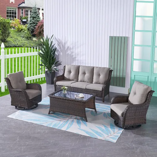 Miniatura 87 de HUMMUH Sillas Mecedoras Giratorias de Mimbre para Patio Exterior con Respaldo Alto, Sillas Deslizantes de Ratán PE, Juego de Muebles de Patio de 4