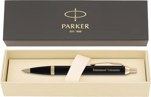 Bolígrafo Parker grabado | Bolígrafo personalizado Parker IM de laca negra y ribete dorado. Bolígrafo de regalo grabado personalizado con tu nombre