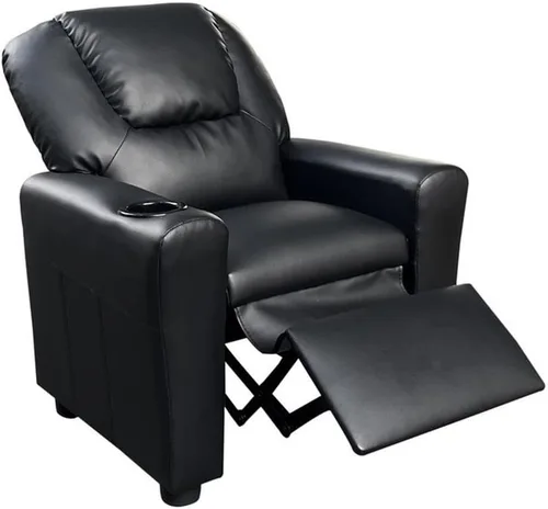 Lilola Home Marisa - Silla reclinable para niños con soporte para tazas, silla reclinable juvenil de piel sintética negra, reclinable para niños y