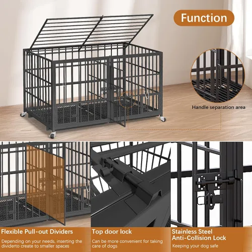 Miniatura 3 de EZ4ENCE Jaula para perros de 48/42/54 pulgadas con divisor para 2 perros, jaula indestructible, diseño resistente, doble puerta y bandeja extraíble