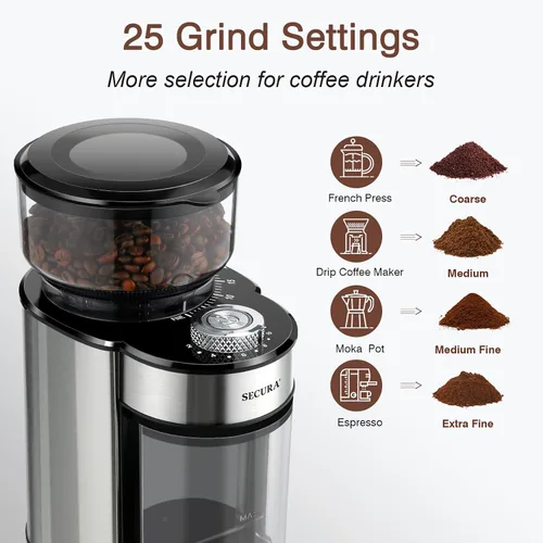 Miniatura 2 de Secura Molinillo de café eléctrico con 25 ajustes precisos de molienda, 2-12 tazas