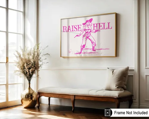 Miniatura 3 de Poster Master Póster retro de vaquera rosa con texto en inglés "Raise Hell", diseño de pared occidental, regalo para hombres y mujeres, decoración