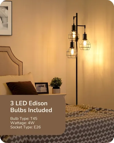 Miniatura 5 de EDISHINE Lámpara de Pie Regulable Estilo Granja, Lámpara de Pie Industrial para Sala de Estar, 3 Bombillas LED Edison Incluidas, Lámpara de Lectura