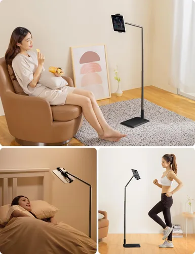 Miniatura 2 de Viozon Soporte de Piso para Tablet con Brazo Largo Flexible y Soporte para Teléfono, Ajustable en Ángulo 360°, Aleación de Aluminio, para Cama