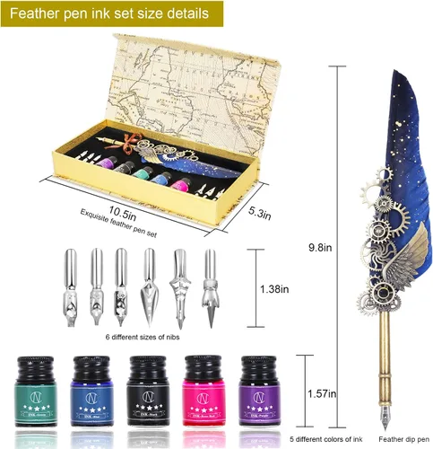 Miniatura 2 de NC Juego de tinta de plumas, incluye 5 botellas de tinta y 6 puntas reemplazables, bolígrafo mecánico para escribir, letras, diario, firma, Azul