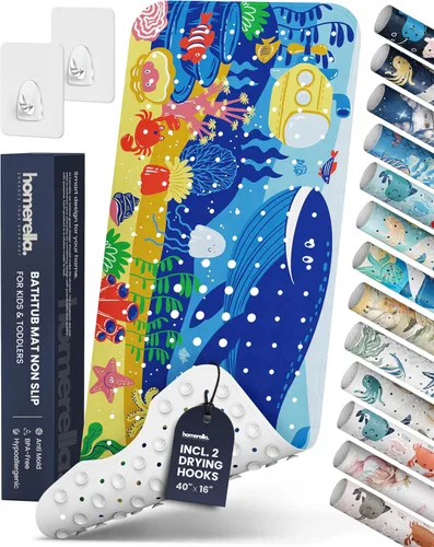 Miniatura 14 de Homerella - Alfombrilla de baño antideslizante y antideslizante para niños, 40 x 16 pulgadas, sin BPA, incluye 2 ganchos, tapete de ducha lavable
