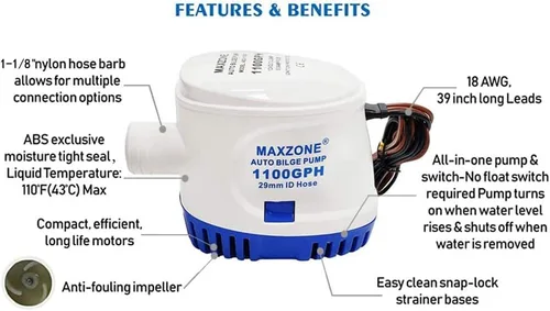 Miniatura 3 de Bomba de agua sumergible automática para barco de sentina 12 V 1100 GPH Auto con interruptor flotante, salida de 1-1/8", compacta para barco marino