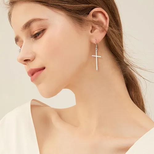 Miniatura 3 de HAIAISO 3 pares de aretes de cruz de acero inoxidable clásicos de oro rosa, plata y cruz colgantes, joyería de cruz minimalista para mujer