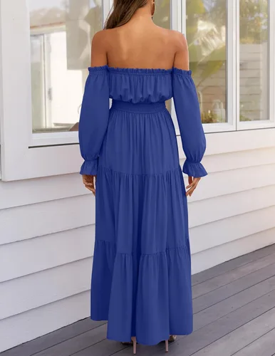 Miniatura 115 de ZESICA - Vestido largo, bohemio y sexy, con hombros descubiertos y manga larga fruncida, con elástico fruncido, cintura alta y abertura lateral