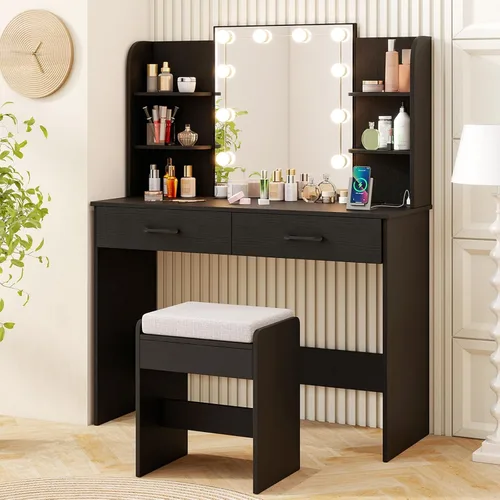 Miniatura 14 de CHARMAID - Escritorio pequeño de tocador con espejo y luces, mesa de tocador de maquillaje con estación de carga, cajones, estantes, mesa lateral