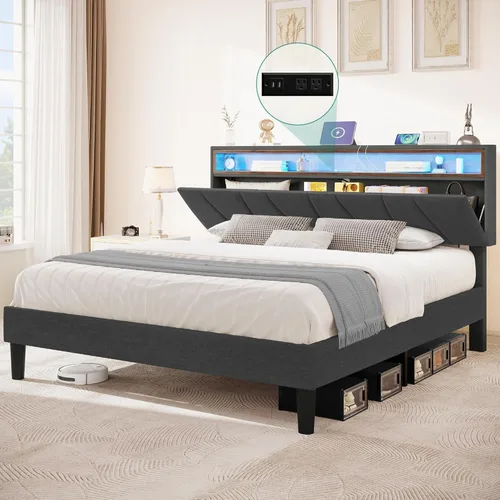 Miniatura 7 de YITAHOME Base de cama tapizada tamaño Queen, base de cama LED con cabecero de almacenamiento, cama plataforma con toma de corriente y puertos USB