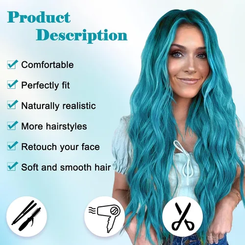 Miniatura 2 de NAYOO Peluca larga ondulada de color verde azulado degradado para mujer, 26 pulgadas, parte media, rizada, ondulada, de aspecto natural, fibra