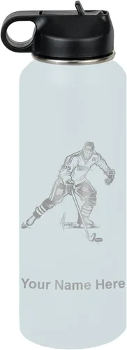 Miniatura 15 de LaserGram Botella de agua personalizada, jugador de hockey, acero inoxidable de doble pared aislada al vacío con popote superior, regalo grabado