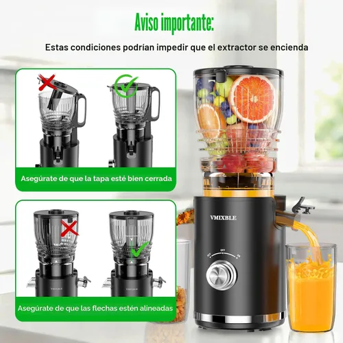 Miniatura 7 de Exprimidor de prensado en frío con canal de alimentación de 5.8 pulgadas de ancho, exprimidor de masticación lenta de 300 W para frutas y verduras