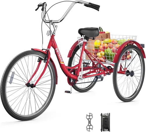 Miniatura 12 de Betterland Triciclo para adultos de 1 velocidad, triciclos para adultos de 24/26 pulgadas con cesta para personas mayores, bicicleta de crucero
