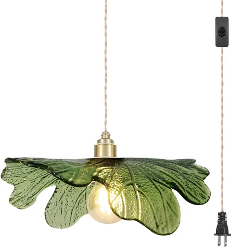 Miniatura 9 de Luz Colgante Enchufable de Cristal Verde Iluminación Colgante de 14.75 pies Luz Colgante con Cable de Enchufe 1-Luz Lámpara Colgante de Latón