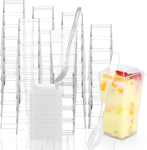 Miniatura 8 de EASERCY Paquete de 100 mini tazas de postre de 3 onzas con tapas y cucharas, tazas transparentes para postres con cucharas, tazas de parfait