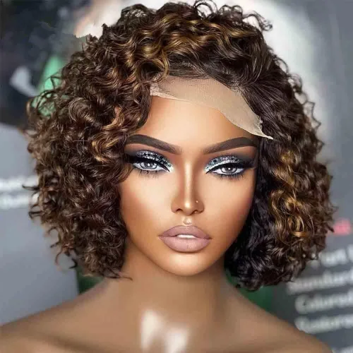 Miniatura 4 de Pelucas cortas de cabello humano rizado estilo Bob con reflejos, pelucas de encaje frontal HD de 13 x 4, pelucas de cabello brasileño con corte