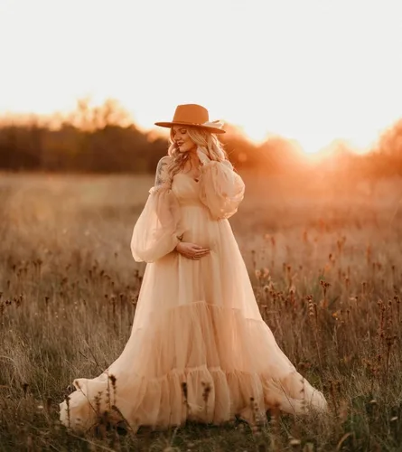 Miniatura 2 de Vestido de tul para baby shower, con volantes, vestido de maternidad para sesión de fotos, manga larga, vestidos de maternidad para sesión de fotos