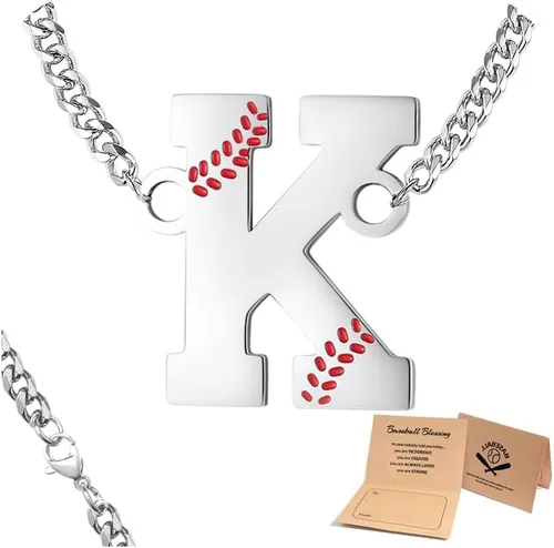 Miniatura 9 de QINJIEJIE Collar de béisbol inicial A-Z con letras, accesorios deportivos, colgante de encanto de béisbol, joyería de cadena de acero inoxidable 2-P