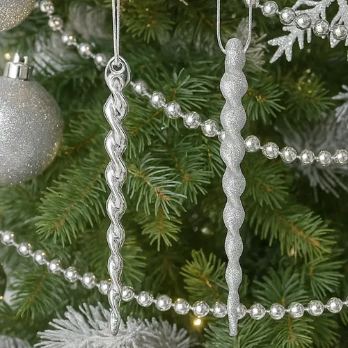 Miniatura 4 de Adornos de Navidad Plateados – 32 Piezas de Decoraciones Plásticas Irrompibles para Árbol Navideño, 16 Bolas de Nieve con Purpurina (3.15"/2.36"), 8