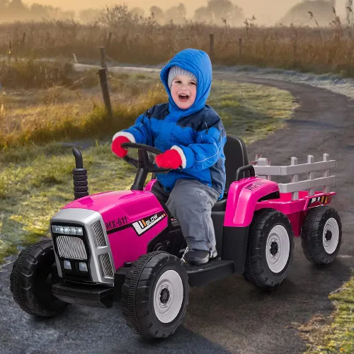 Miniatura 7 de Tractor eléctrico con batería de 12 V para niños con remolque, automóvil para niños pequeños con control remoto, 7 faros LED, cambio de marchas 2+1