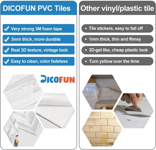 Miniatura 4 de DICOFUN Protector contra salpicaduras de 10 hojas de espiga para despegar y pegar, aspecto de madera blanca vintage, PVC para salpicaduras