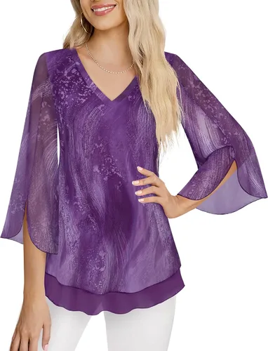 Miniatura 3 de Timeson Blusas florales de manga 34 para mujer, camisas de doble capa con cuello en V, túnica elegante