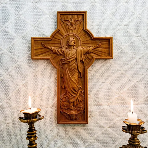 Miniatura 2 de BGCOPPER Cruz de pared de Jesús, crucifijo de madera hecha a mano para decoración de pared para el hogar, habitación navideña, regalo de Navidad