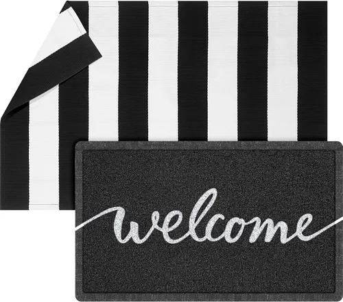 Miniatura 10 de Geelin 2 tapetes de 30 x 18 pulgadas, 43 x 27.5 pulgadas, color blanco y negro, para puerta delantera, entrada exterior, puerta de bienvenida