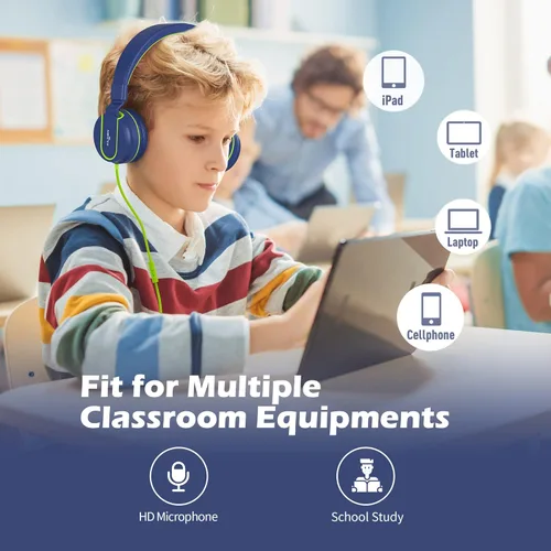 Miniatura 3 de AILIHEN Auriculares para niños, audífonos I35 sobre la oreja para la escuela, volumen seguro de 93dB, micrófono HD estéreo para niños y niñas, Azul