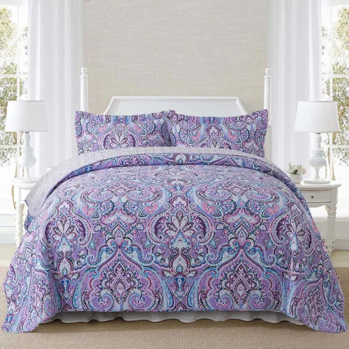 Miniatura 29 de NEWLAKE - Juego de cubrecama reversible de microfibra bordada con patrón floral en relieve en jacquard beige, tamaño queen