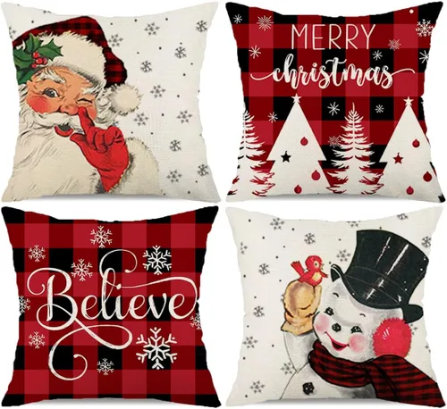 Miniatura 7 de Fundas de Almohada Decorativas de Navidad 16×16 Juego de 4 Copo de Nieve Papá Noel Muñeco de Nieve Ciervo Pájaro Bastón de Caramelo Navidad Rústico