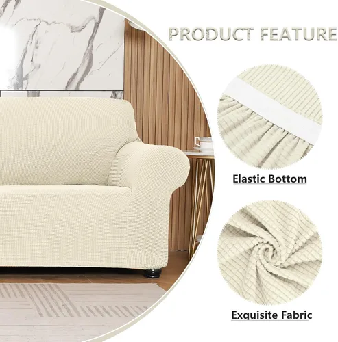 Miniatura 3 de Funda elástica suave para sofá de 3 cojines, protector de muebles, transpirable, lavable, tela jacquard, cuadros pequeños con parte inferior Beige