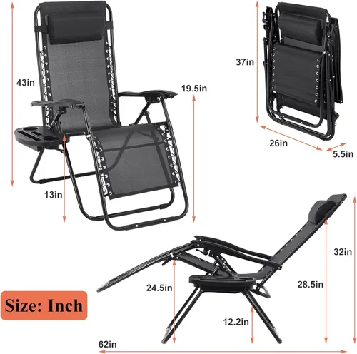 Miniatura 3 de Silla de gravedad cero plegable, silla de césped, silla reclinable ajustable para acampar con bandejas para almohada y soporte para tazas, silla