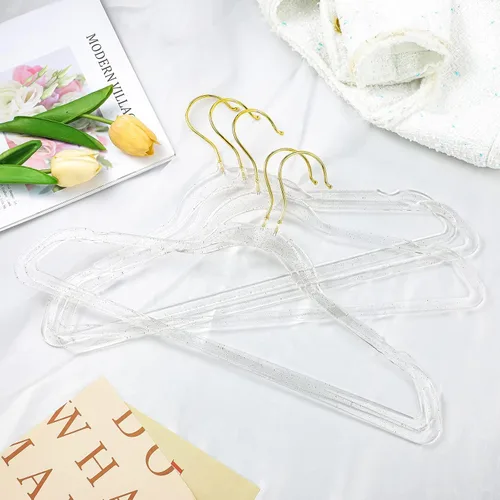 Miniatura 5 de Weysat 20 perchas de acrílico transparente de plástico dorado con purpurina antideslizante para ahorrar espacio, traje resistente para colgar ropa