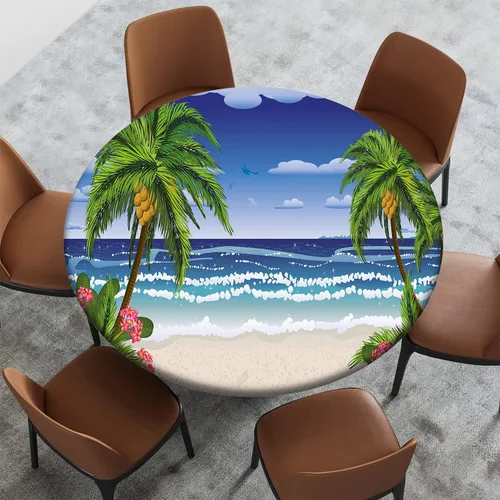Miniatura 55 de Mantel con patrón de playa, borde elástico, impermeable, lavable, para uso en interiores y exteriores, patio, turquesa aguamarina, para mesas