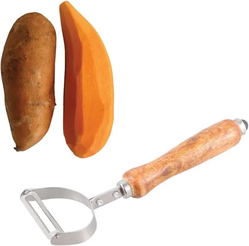 Miniatura 3 de Kichvoe Pelador de verduras de acero inoxidable con mango de madera, pelador de frutas de melón, pelador de manzana horizontal, cortador de metal
