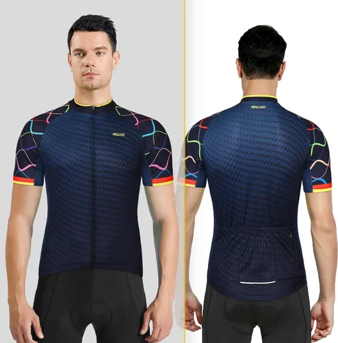 Miniatura 5 de ARSUXEO Camiseta de ciclismo de manga corta para hombre, camiseta de ciclismo de montaña MTB con bolsillos con cremallera reflectante