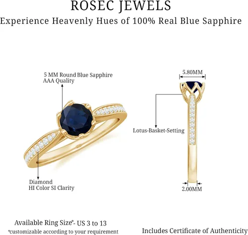 Miniatura 6 de Anillo de compromiso con solitario mínimo de zafiro azul, redondo de 0.197 in, calidad AAA, joyería inspirada en flores para mujer