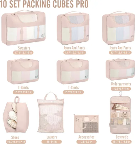 Miniatura 2 de Veken Juego de 10 cubos de embalaje para viajes, accesorios esenciales para vacaciones en la playa, cruceros, bolsas organizadoras de maleta