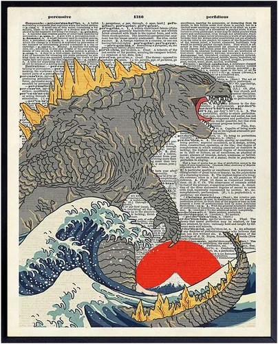Póster de Diccionario de Godzilla, Gran Ola de Kanagawa - 8x10 SIN MARCO Decoración de Pared, Lámina Artística - Regalo para Fanáticos de Películas