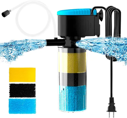 Miniatura 8 de AquaMiracle Filtro sumergible para acuario de 3 etapas en tanque con doble salida de agua y aireación, flujo de agua ajustable 225 GPH filtro