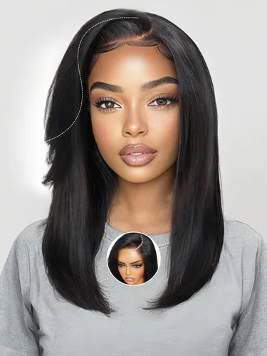 Miniatura 25 de KLAIYI Peluca de cabello humano con encaje frontal precortada 7x5, corte Bob en capas, corte romo, cordón sin pegamento, peluca predepilada