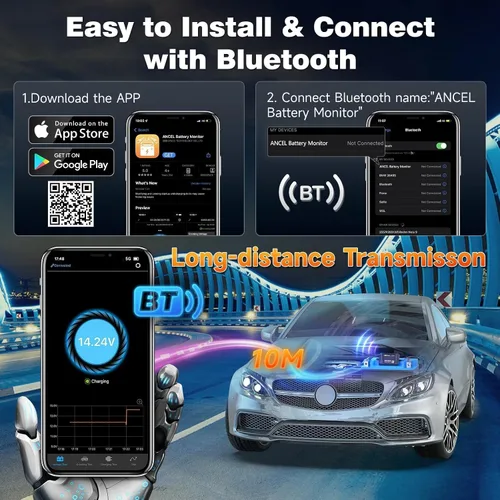 Miniatura 3 de ANCEL BM300 Monitor de batería de 12 V, voltímetro automotriz Bluetooth 4.0 con carga, prueba del sistema de arranque y alarma, compatible