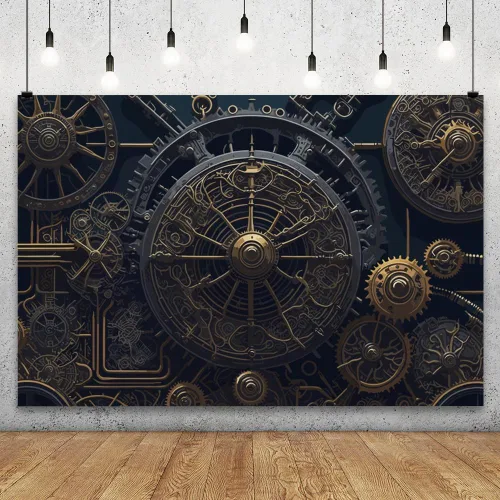 Miniatura 2 de YongFoto Telón de fondo antiguo steampunk de 5 x 3 pies, relojes de metal retro, esfera industrial mecánica para fotografía, telón de fondo