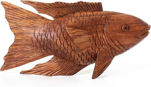 Miniatura 2 de G6 Collection Figura grande de madera tallada a mano de pez Koi de 16 pulgadas, acento decorativo costero para el hogar, escultura de arte